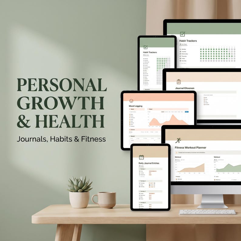 May include: A digital display of personal growth and health planning software on multiple screens, including habit trackers, mood logging, and fitness workout planners. The text reads PERSONAL GROWTH & HEALTH Journals, Habits & Fitness.