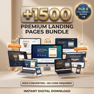 May include: A digital bundle of 1500 premium landing pages featuring various website templates on multiple devices including laptops, tablets, and smartphones. The graphic includes text stating PLR & Full Resell Rights, High Converting, No Code Required, and Instant Digital Download.