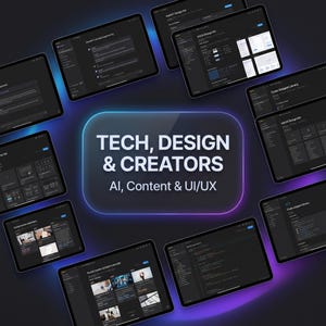 May include: A digital display featuring the text TECH, DESIGN & CREATORS AI, Content & UI/UX in the center, surrounded by multiple tablet screens showing dark-mode software interfaces for design kits, code snippets, and social media content calendars.