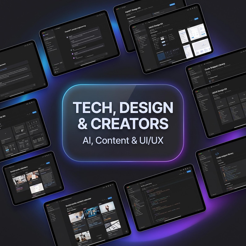 May include: A digital display featuring the text TECH, DESIGN & CREATORS AI, Content & UI/UX in the center, surrounded by multiple tablet screens showing dark-mode software interfaces for design kits, code snippets, and social media content calendars.