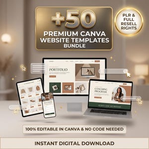 Puede incluir: Un paquete digital de 50 plantillas de sitios web Canva premium con un monitor de escritorio, portátil, tableta y teléfono inteligente que muestran varios diseños web. El texto incluye +50 PREMIUM CANVA WEBSITE TEMPLATES BUNDLE, PLR & FULL RESELL RIGHTS, 100% EDITABLE IN CANVA & NO CODE NEEDED e INSTANT DIGITAL DOWNLOAD.