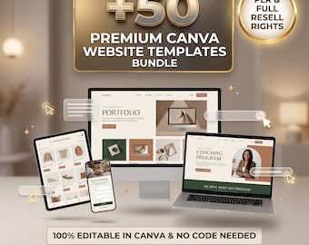May include: A digital bundle of 50 premium Canva website templates featuring a desktop monitor, laptop, tablet, and smartphone displaying various web layouts. Text includes +50 PREMIUM CANVA WEBSITE TEMPLATES BUNDLE, PLR & FULL RESELL RIGHTS, 100% EDITABLE IN CANVA & NO CODE NEEDED, and INSTANT DIGITAL DOWNLOAD.