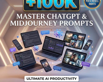 May include: A digital product bundle featuring laptops, tablets, and smartphones displaying AI interfaces. Text includes +100K, MASTER CHATGPT & MIDJOURNEY PROMPTS, PLR & RESELL RIGHTS, ULTIMATE AI PRODUCTIVITY, and INSTANT DIGITAL DOWNLOAD with blue chat icons.