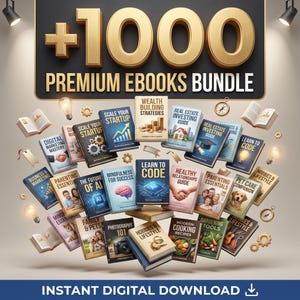 May include: A collection of numerous books floating in the air, featuring titles such as Wealth Building Strategies, Learn to Code, and Parenting Essentials. The top text reads +1000 PREMIUM EBOOKS BUNDLE, and the bottom text reads INSTANT DIGITAL DOWNLOAD.