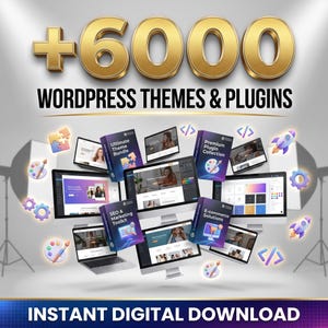 May include: A digital collection featuring the text +6000 WORDPRESS THEMES & PLUGINS and INSTANT DIGITAL DOWNLOAD. The image displays multiple computer monitors and laptops showing website interfaces alongside boxes labeled Ultimate Theme Bundle, Premium Plugin Collection, SEO & Marketing Toolkit, and E-commerce Solutions, surrounded by floating 3D icons like rockets, paint palettes, and gears.