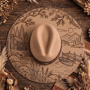 Pode incluir: Um chapéu de feltro bege com uma faixa de couro castanho escuro e detalhes metálicos. A aba larga apresenta uma ilustração detalhada em linhas pretas de uma paisagem de lago, incluindo uma cabana, pinheiros, montanhas, um cais e um barco.
