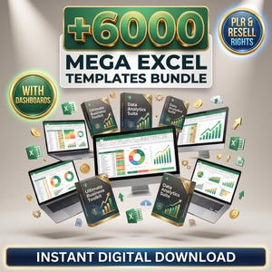 Puede incluir: Un paquete de productos digitales con 6000 plantillas de Excel con paneles, que incluye cajas de software Ultimate Business Toolkit y Data Analytics Suite, mostrado con portátiles y monitores con gráficos de datos.