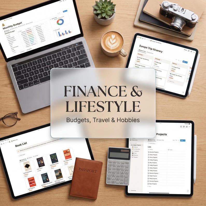 May include: A workspace featuring a laptop displaying a monthly budget, a tablet showing an Europe trip itinerary, a tablet with a book list, a tablet with a project board, a brown passport holder, a calculator, a camera, and a coffee cup.