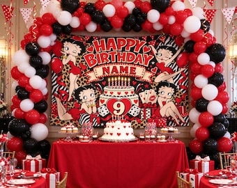 Bannière d'anniversaire Betty Boop personnalisée, toile de fond personnalisée avec nom et âge, tapisserie léopard rouge, décoration pour table à gâteau et photomaton.