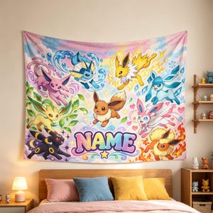 May include: A rectangular wall tapestry featuring a colorful illustration of nine Eevee evolution characters surrounding the word NAME in large, bold, gradient letters. The design includes elements like water, leaves, fire, and hearts on a pastel background.