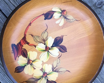 Wooden Bowl Platter | Raised pedestal | Hand Painted in Canada | fruit bowl| Vintage Great Painting | Rich Wood Yellow Flowers