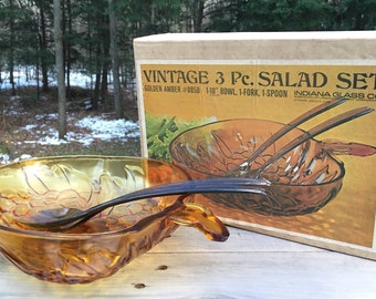 Golden Amber Indiana Glass 3 Piece Salad Set Boxed Vintage Golden Amber #0850 Lancaster Colony Company 10" Bowl Fork and Spoon Mid Century