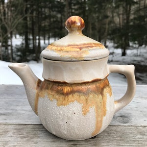 Teapot Tundra Pattern Quebec Laurentian Pottery 1970s Lava Drip Glaze Made in Quebec Canada St Jerome Handle Spout Lid Rustic Coffee Tea