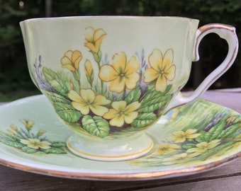 Aynsley Teacup Cup And Saucer Vintage Bone China Green Leaves Made in England Teacup  English Bone China Teacup And Saucer  Yellow Flowers