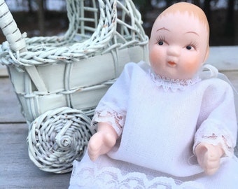 Doll Baby Miniature Bisque or Porcelain 4 Inch Tall Posable Baptismal Gown Undergarments Handmade Wicker Carriage Painted Eyes Hair Mouth