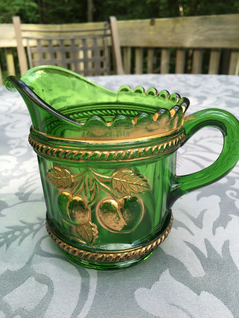 Green Glass Creamer, Sugar, Spooner Northwood Golden Peach 3 Piece