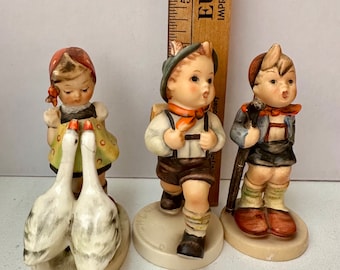 Hummel Figurines Goebel West Germany School Boy Goose Girl Little Hiker Lederhosen Bookbag Walking Stick Geese Brim Hat Kerchief Toque