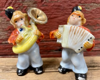 Tuba Accordion Playing Ceramic Monkeys Miniature Monkeys Music Cute Little Tiny Small Blue Orange Brown White Figurines Statue Hand Painted