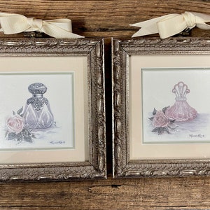 Wanda Lee print Perfume Bottles Silver Blue Pink Framed Wood Victorian Canadian Art Screen Print Made in Canada Nova Scotia