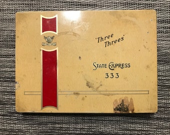 Cigarette Tin State Express 333 Three Threes Made In England Hinged Lid  Piccadilly London Ardath Tobacco Company Metal Box Yellow Tin