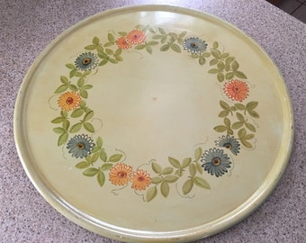 Wooden Tray Round Hand Painted Hand Made Blue Yellow Flowers Pink Red Flowers 18" Wide Floral Wreath Green Leaves Hand Turned Lacquered