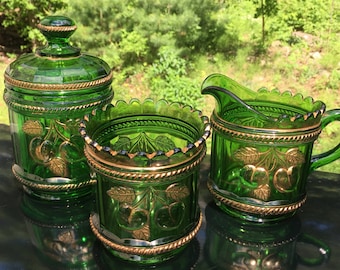 Green Glass Creamer, Sugar, Spooner Northwood Golden Peach 3 piece Table Set: Creamer, Sugar (with lid), Spooner Green Gold Antique USA Made