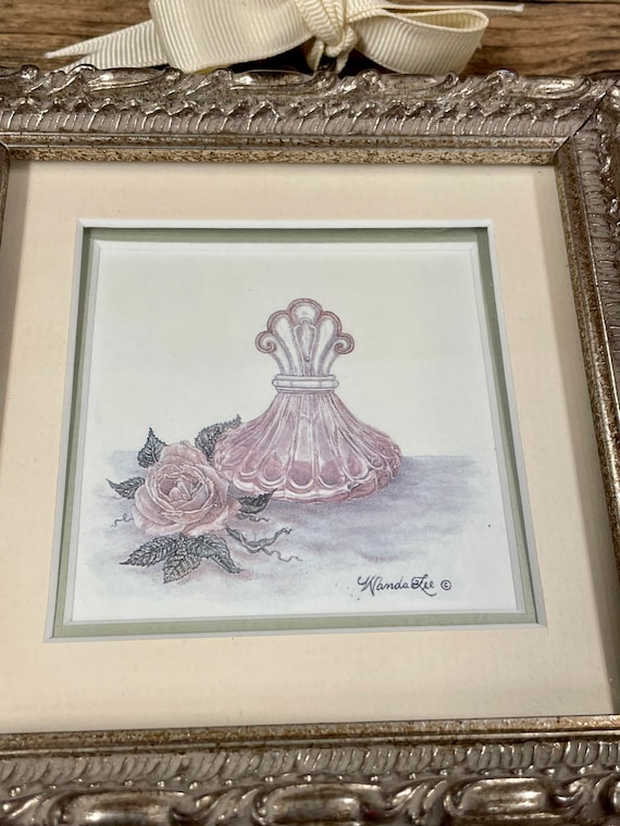 Wanda Lee Print Perfume Bottles Silver Blue Pink Framed Wood
