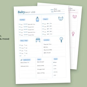 Può includere: Un foglio di registro giornaliero per neonati stampabile con sezioni per poppate, pannolini, sonno, attività, farmaci, note e umore. Il documento include testo e icone blu, con campi per nome e data, presentato su uno sfondo bianco.