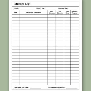 Könnte beinhalten: Ein weißes Kilometerprotokoll-Formular aus Papier mit schwarzem Text und Rasterlinien. Die Überschrift lautet Mileage Log, mit Feldern für Vehicle, Month/Year und Odometer Start. Die Spalten umfassen Date, Trip Purpose/Destination, Start Odometer, End Odometer, Total Miles und Business/Personal.