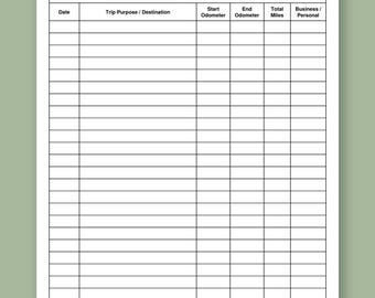 May include: A white paper mileage log form with black text and grid lines. The header reads Mileage Log, with fields for Vehicle, Month/Year, and Odometer Start. Columns include Date, Trip Purpose/Destination, Start Odometer, End Odometer, Total Miles, and Business/Personal.