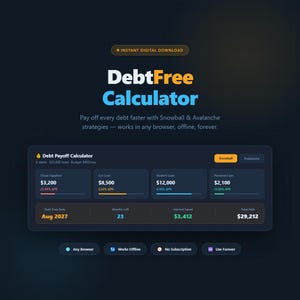 Può includere: Un'interfaccia digitale DebtFree Calculator con tema scuro, dotata di una dashboard Debt Payoff Calculator che mostra i dettagli dei prestiti, i tassi di interesse e le proiezioni di rimborso utilizzando le strategie Snowball e Avalanche.