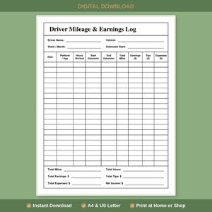 May include: A white printable Driver Mileage & Earnings Log template with black text and grid lines. The form includes fields for driver name, vehicle, date, hours worked, odometer readings, earnings, tips, and expenses, with summary totals at the bottom.