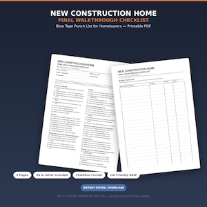Könnte beinhalten: Ein druckbares PDF-Dokument mit dem Titel New Construction Home Final Walkthrough Checklist. Die weißen Seiten enthalten schwarzen Text, Kontrollkästchen und Abschnitte für Außenbereiche, Küche, Badezimmer sowie eine Mängelliste für Bauherren.