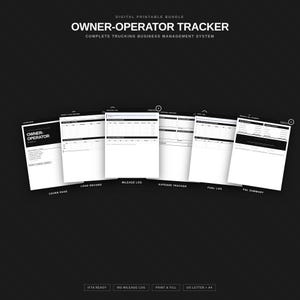Może przedstawiać: Cyfrowy zestaw do druku zatytułowany Owner-Operator Tracker, kompletny system zarządzania firmą transportową. Zawiera stronę tytułową, rejestr ładunków, dziennik przebiegu, śledzenie wydatków, dziennik paliwa oraz podsumowanie zysków i strat w czerni i bieli.