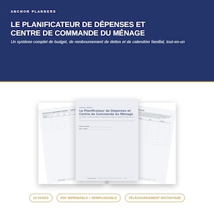 Pode incluir: Um conjunto de planejadores digitais intitulado Le Planificateur de Dépenses et Centre de Commande du Ménage, com cabeçalho azul escuro, páginas brancas com grades e campos de texto para nome da família, mês e ano, em 22 páginas.