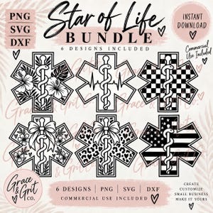 Könnte beinhalten: Ein digitales Set mit sechs Star of Life-Designs in Schwarz und Weiß. Die Grafiken umfassen Variationen mit Hibiskusblüten, einer Herzschlaglinie, einem Schachbrettmuster, floralen Akzenten mit Schleife, Leopardenmuster mit Schleife und einer US-Flagge.