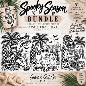 Könnte beinhalten: Ein digitales Design-Paket mit dem Titel Spooky Season, das drei schwarz-weiße Illustrationen eines Frankenstein-Monsters, Geistern und einem Skelett in Strandkulissen mit Palmen, Surfbrettern und Kürbissen zeigt.