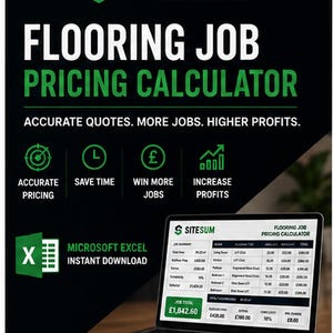 May include: A digital flooring job pricing calculator by SiteSum displayed on a laptop screen. The black background features green text and icons highlighting features like accurate pricing, time savings, and profit growth for trade professionals.