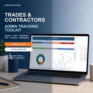 May include: A laptop displaying a Trades & Contractors Admin Tracking Toolkit spreadsheet for Microsoft Excel. The screen shows a quote performance dashboard with charts, graphs, and data tables. Text includes Quotes, Jobs, Customers, POs, Invoices, Dashboard, and Instant Download.