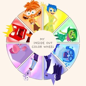 May include: A circular colour wheel graphic featuring eight animated characters from Inside Out in distinct segments. The centre circle contains the text MY INSIDE OUT COLOR WHEEL. The characters are coloured orange, yellow, green, blue, dark purple, light purple, pink, and red.