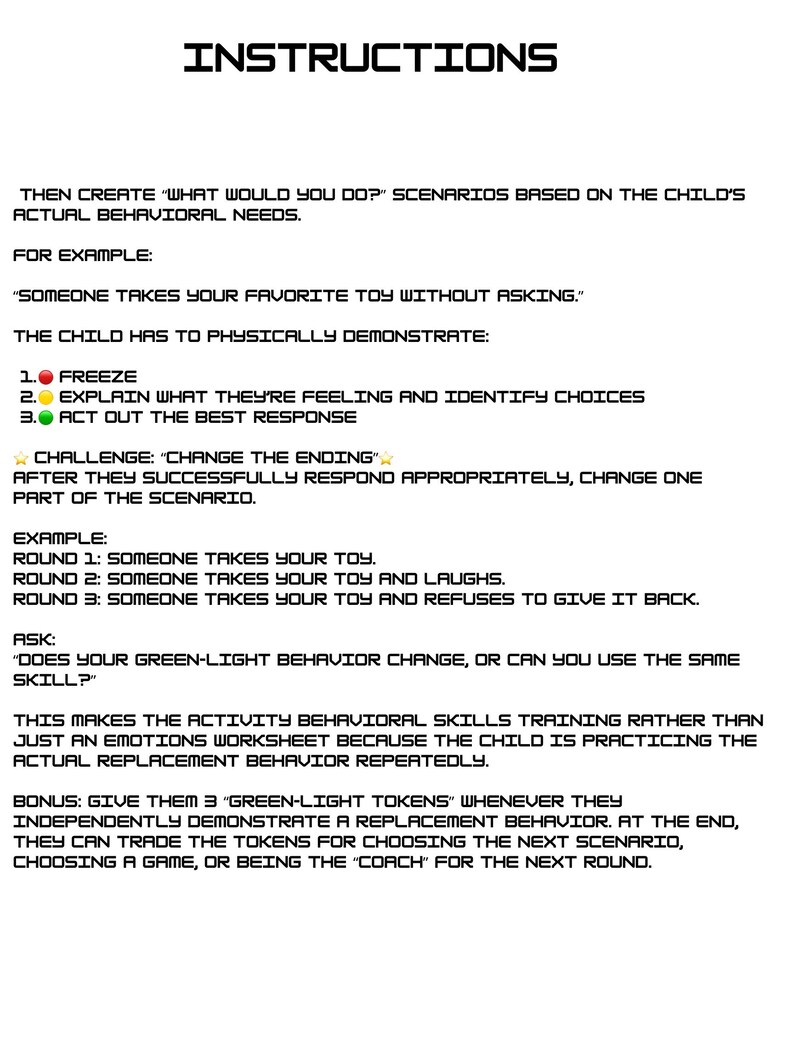 May include: A white instructional document with black text titled INSTRUCTIONS. It outlines a behavioural training activity using scenarios, a three-step response process involving a red, yellow, and green circle, and a challenge to change the ending.