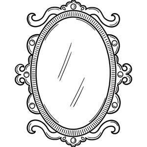 May include: A black and white line art illustration of an oval mirror with an ornate, decorative frame featuring scrollwork and circular accents. The text Mirror Talk is written in a cursive script above the mirror, which has two diagonal lines.