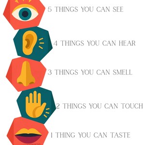 May include: A vertical infographic titled GROUNDING TECHNIQUES featuring five stacked hexagonal icons in red and teal. The icons depict an eye, ear, nose, hand, and lips, corresponding to text listing five senses and counts, ending with JACQUALINEDESIGNS.