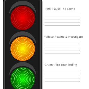 May include: A vertical traffic light graphic labelled Stoplight with three circular lights in red, yellow, and green. Beside each light are lines for writing. Text reads: Red- Pause The Scene, Yellow- Rewind & Investigate, Green- Pick Your Ending.