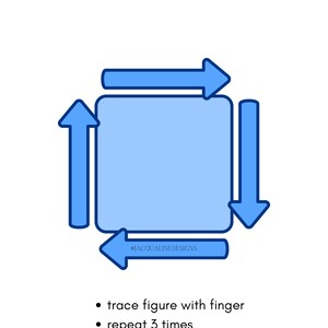 May include: A graphic titled Box Breathing featuring a light blue square with dark blue arrows pointing in a clockwise direction along its perimeter. The text reads: trace figure with finger, repeat 3 times, and JACQUALINEDESIGNS.