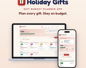 May include: A laptop and a smartphone displaying the Holiday Gifts budget planner app interface. The screen shows a dashboard with gift categories, spending progress bars, and a countdown to Christmas. The app logo features a gift box icon.