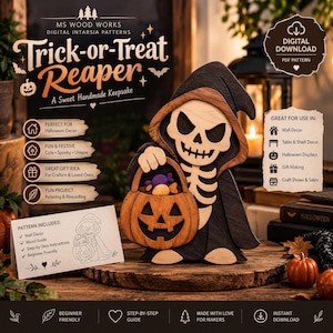 May include: A wooden intarsia craft project featuring a skeleton reaper wearing a dark hooded cloak and holding a carved pumpkin bucket filled with candy. The display includes a printed instruction card labeled Pattern Includes with text.