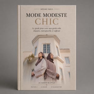 以下が含まれることがあります： MÉDINE PARISによる「MODE MODESTE CHIC」というタイトルのハードカバー本。表紙はベージュの背景に黒と金の文字が記されており、白い建物の前でヘッドスカーフと長い衣服を身にまとった2人の人物の写真が中央に配置されている。