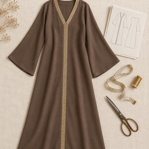 Marokański kaftan w formacie PDF | Dekolt w serek, rozszerzane rękawy i lamówka | Sukienka na Eid | Średni | Rozmiary S-XL, A4 + A0