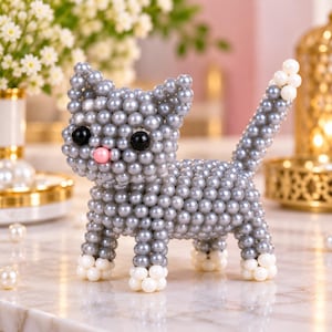 May include: A small cat figurine constructed from numerous grey spherical beads. The cat features two black bead eyes, a single pink bead nose, and white bead accents on the tips of its four paws and its upright tail.